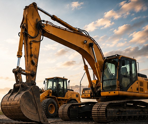 Excavator and wheel loader on an Arizona job site at sunset
